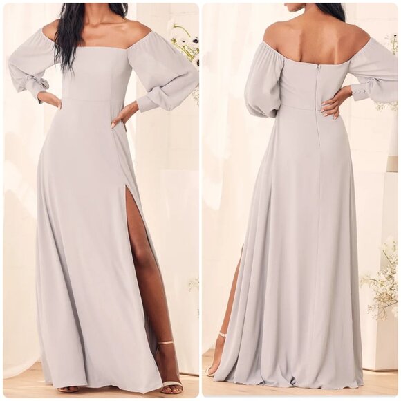 Lulu's Light Gray Off-Shoulder Maxi Dress - Picture 1 of 8